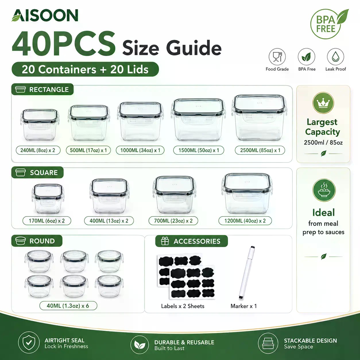 40 PCS Extra Large 85oz Silico - огляд і ціна Meal Prep Kitchen